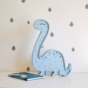 Dino-Lampe für Kinderzimmer, handgemacht aus Holz, blau