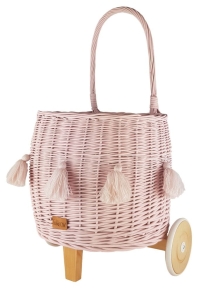Trolley/ Korb-Wagen in Rattan-Style in rosa mit Holzräder und Fransen