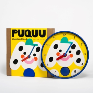 Bunte Kinderzimmer Wanduhr mit Pendel – Woof Woof in gelb