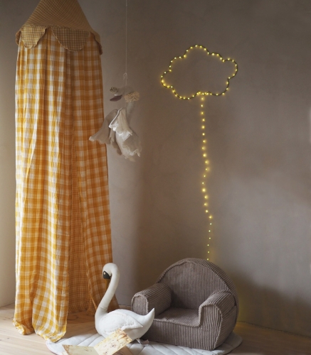 Musselin Baldachin Kinderzimmer Karo Senfgelb Hellgrau.jpg